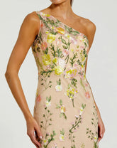 Beige One Shoulder Floral Embroidered Gown